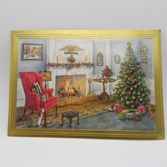 Vintage Christmas Tree Fireplace Room Setting Scene Nostalgic Festive Postcard - Picture 10 of 10